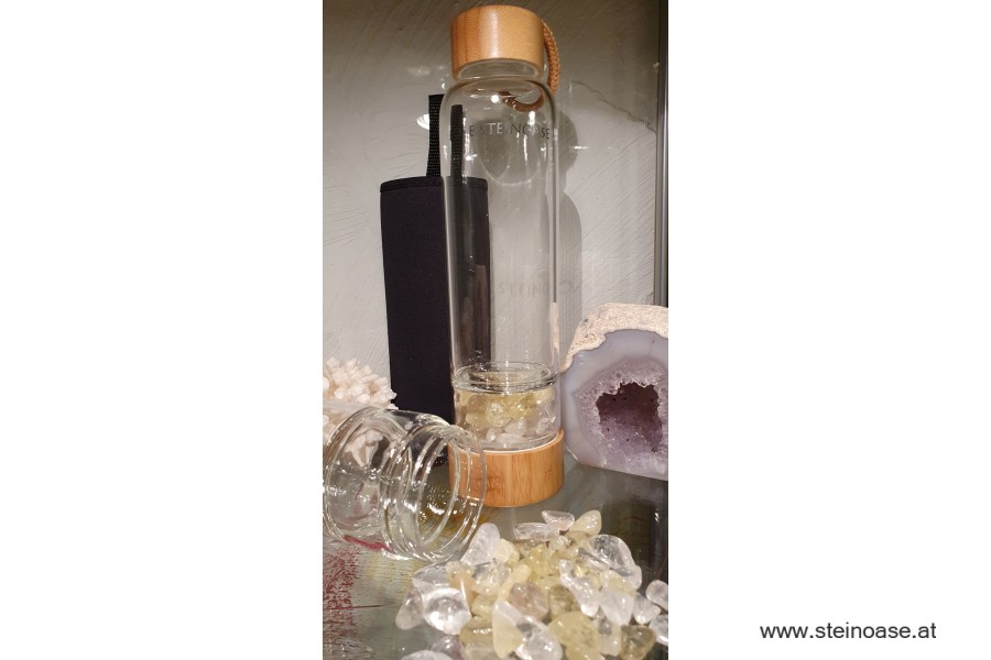 Glasflasche mit Lemonquarz + Bergkristall